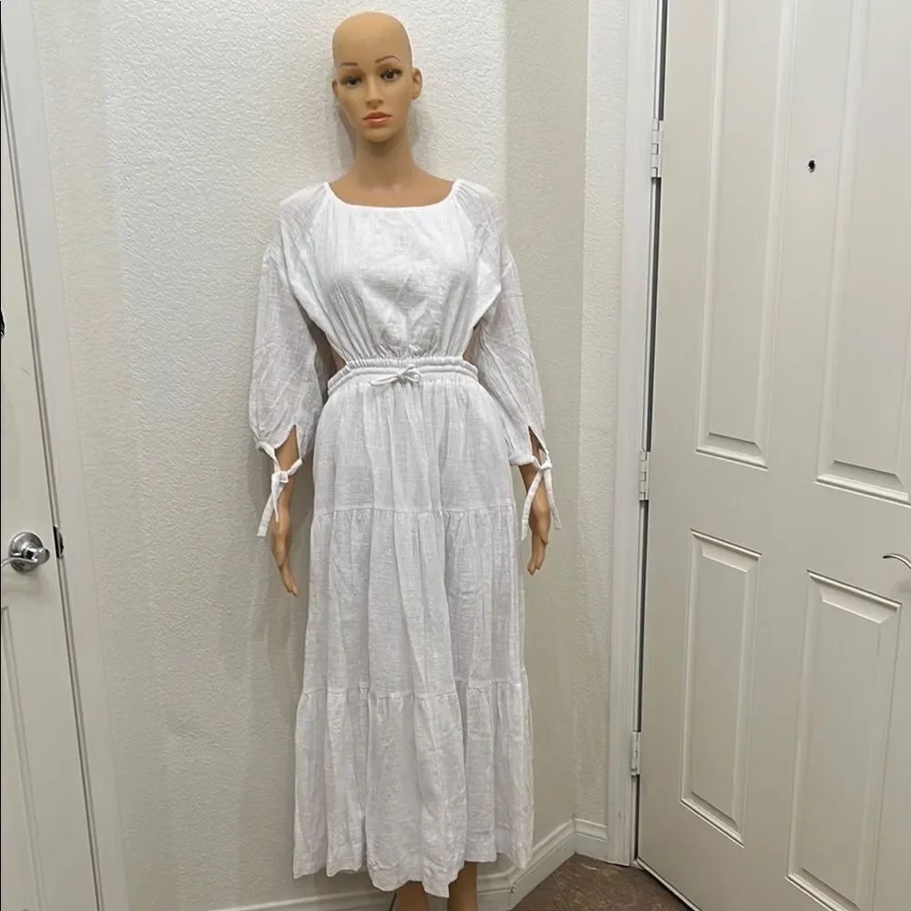 Free People Ibiza White Scoop Neck Sundress Bishop Sleeves Tiered Exposed Back